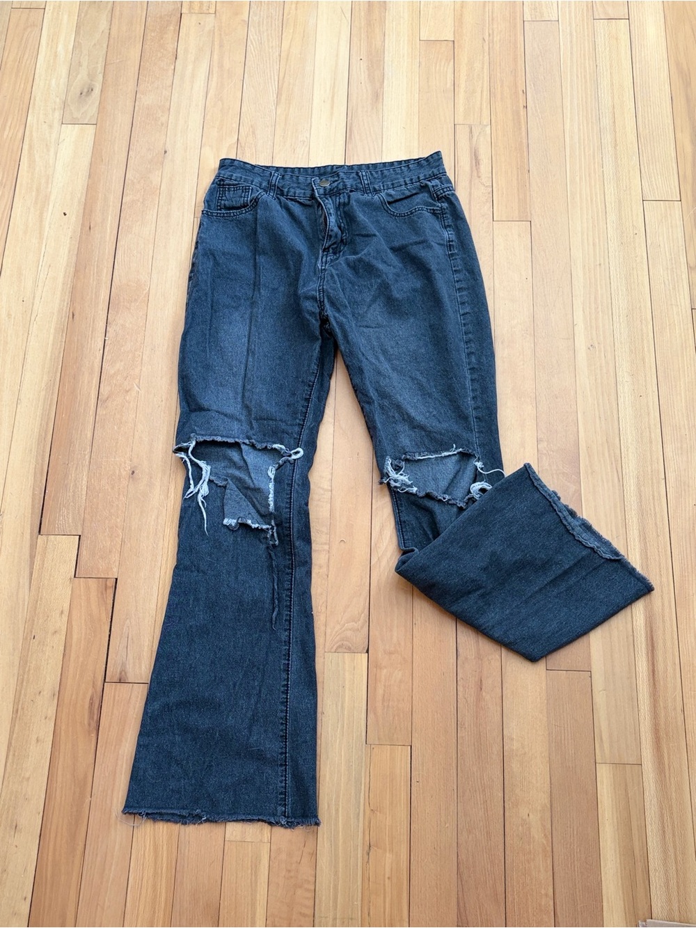 Black Distressed Flare Jeans with Raw Hem